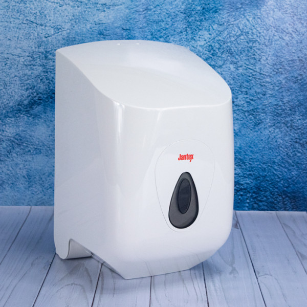 Wall mounted centre feed barrel roll dispenser to use with our white and blue barrel paper rolls.